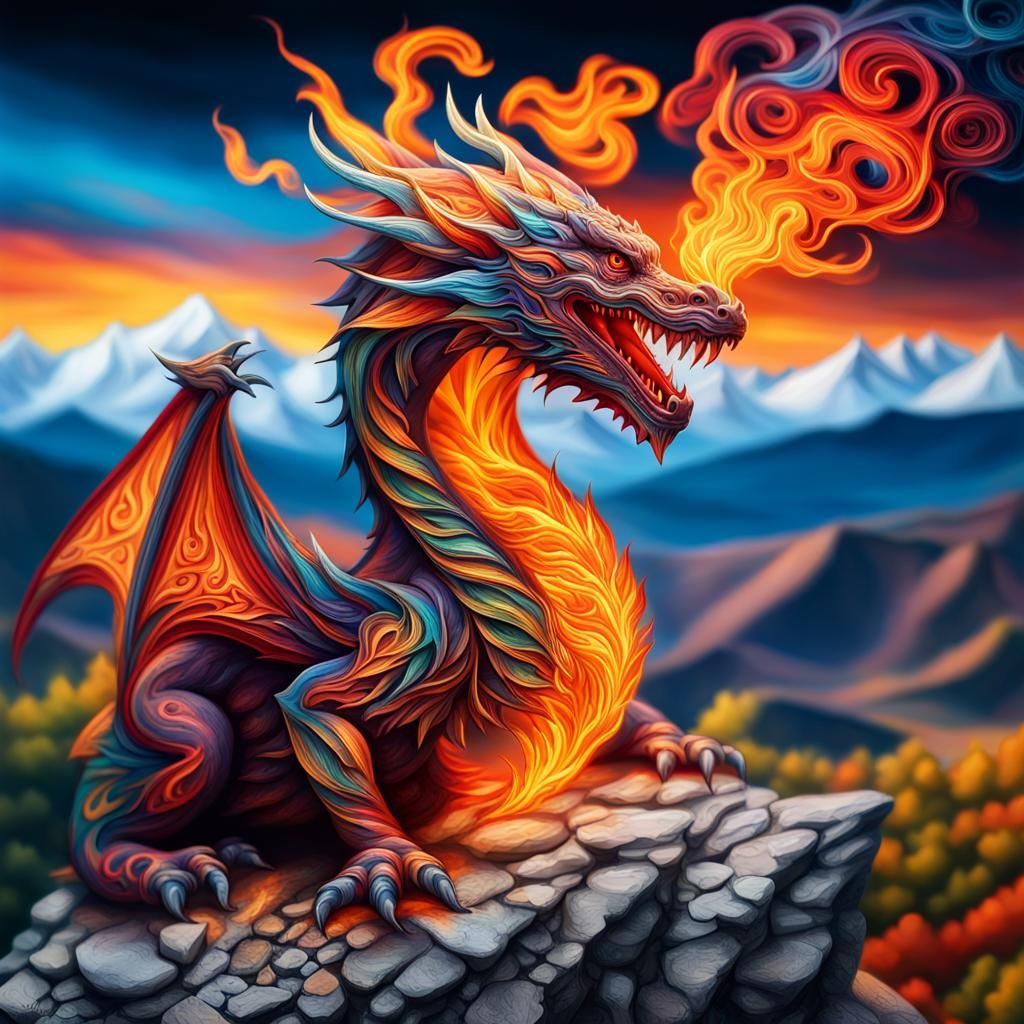 Abstract representation of fire flames breathing mystical magical dragon in colours stains, breathing out large flames o...