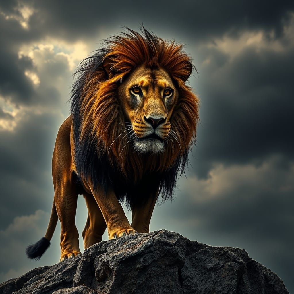Majestic Lion in Stormy Sky, Hyperrealistic