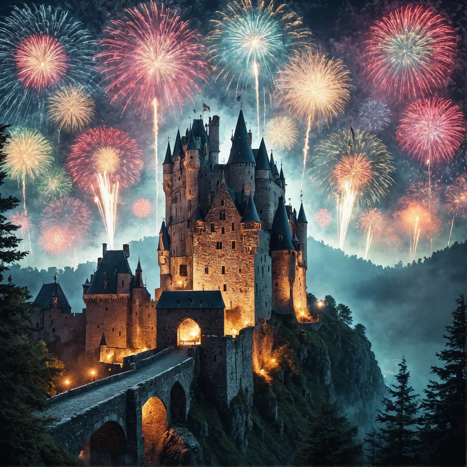 Fireworks over Medieval Castle at Night
