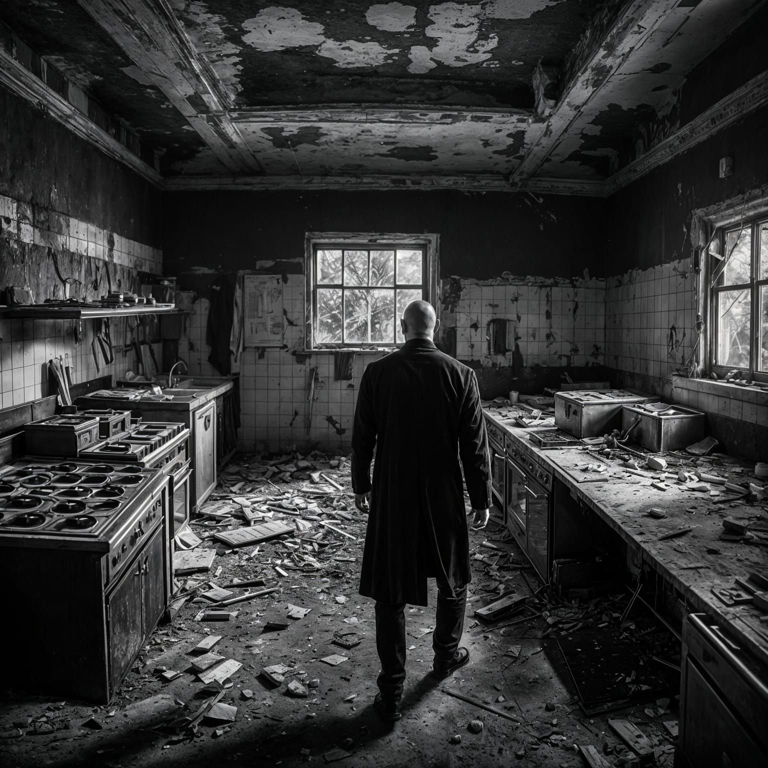 Monochrome Photo of Man in Abandoned Kitchen