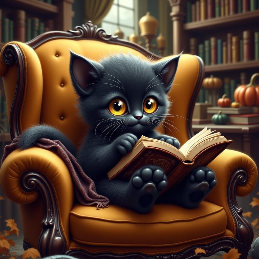 Cute Kitten Reads in Whimsical Library