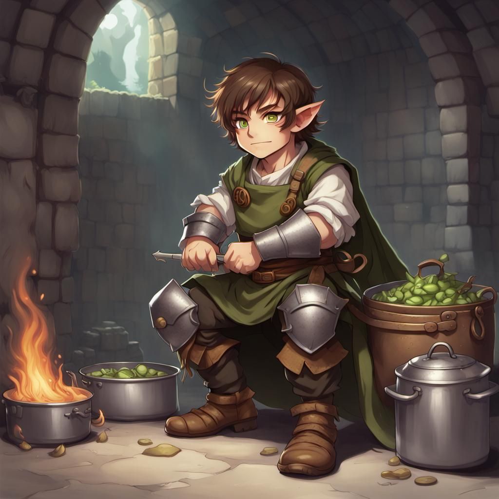 Anime Halfling Fighter with Cookware Armor