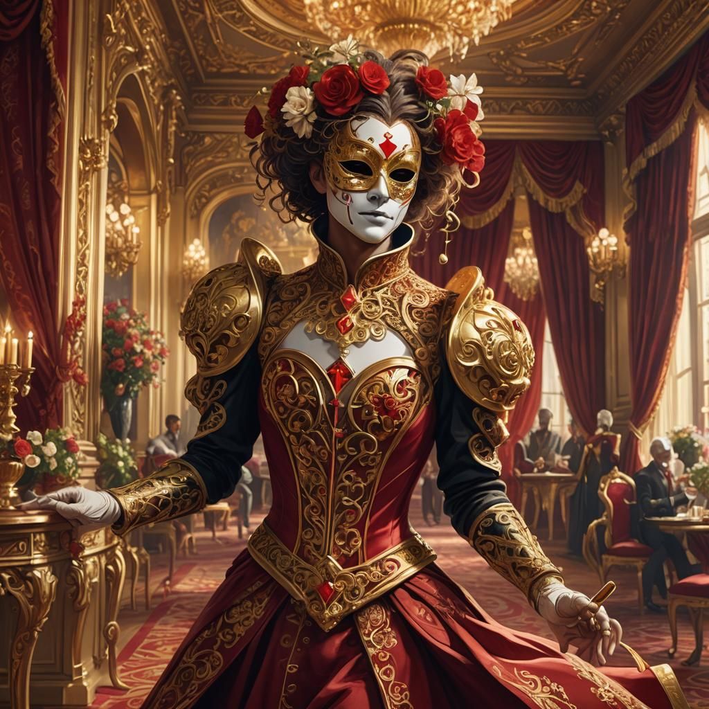 Ornate Masquerade Violinist in Opulent Ballroom