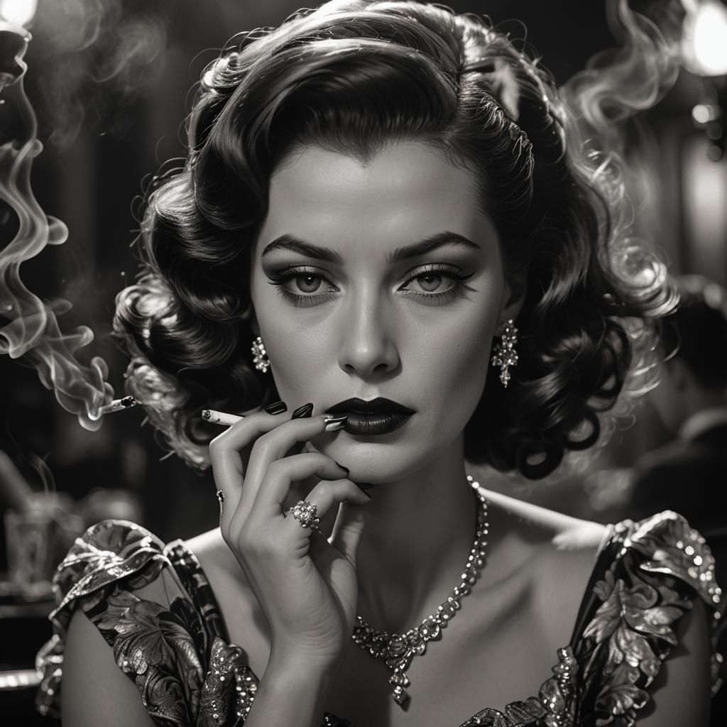 1940s Hollywood Vixen Smoking: Film Noir Portrait