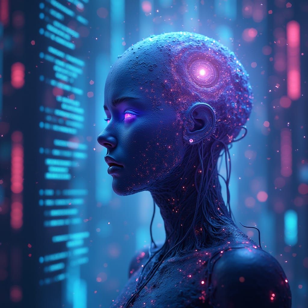 Mystifying AI Entity with Swirling Code and Neon Circuitry