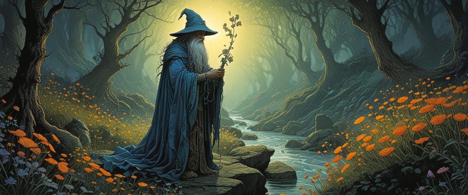 Ethereal Wizard in Sunlit Garden, Arthur Rackham Style