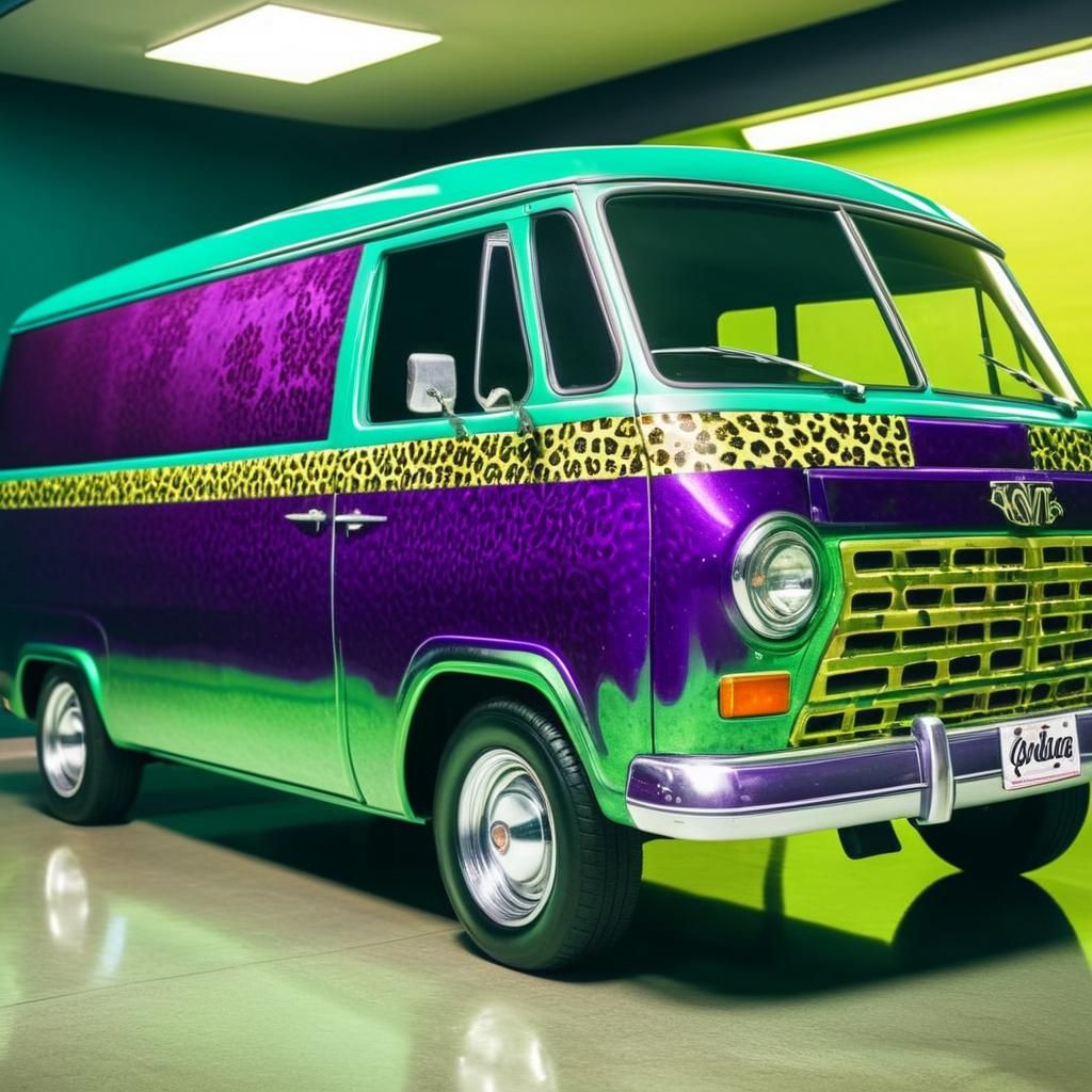 Retro-Futuristic Van with Neon Reflections