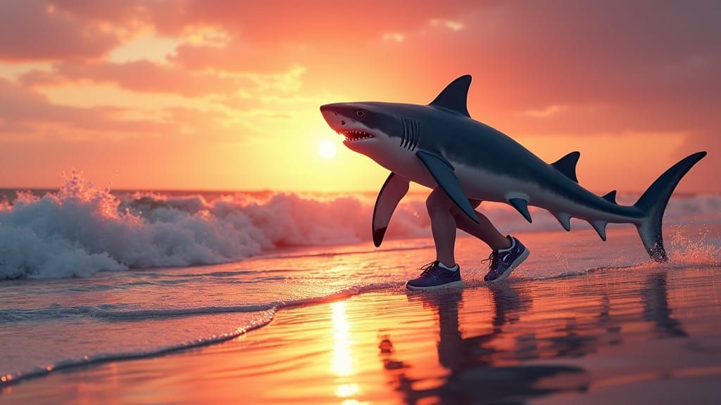 Shark Embarks on Sunset Beach Stroll in Nike Sneakers