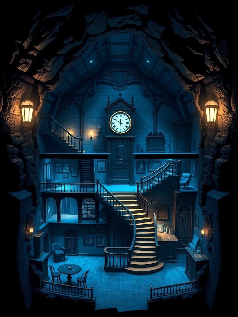 Cross-Sectional Blueprint of a Multi-Tiered Batcave