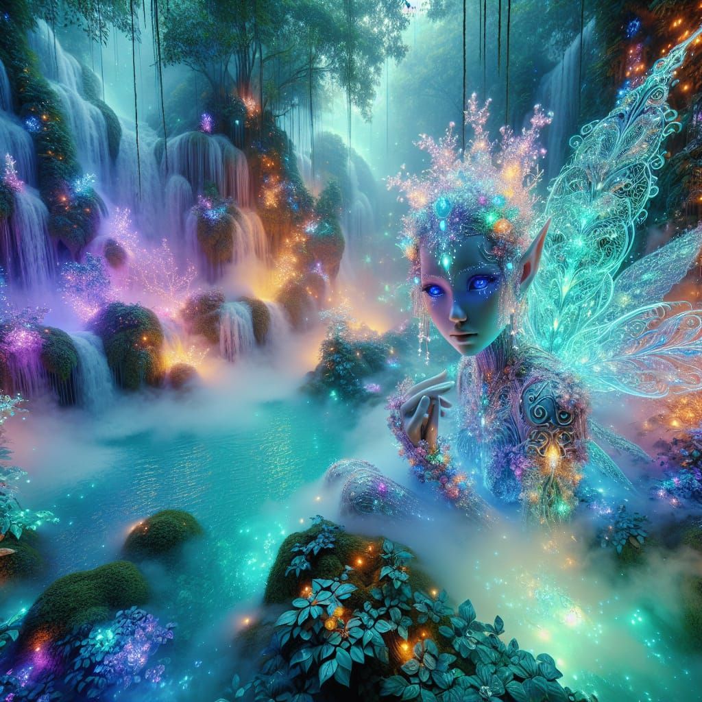 Enchanted Waterfall Scene with Elf Woman in Romantic Style