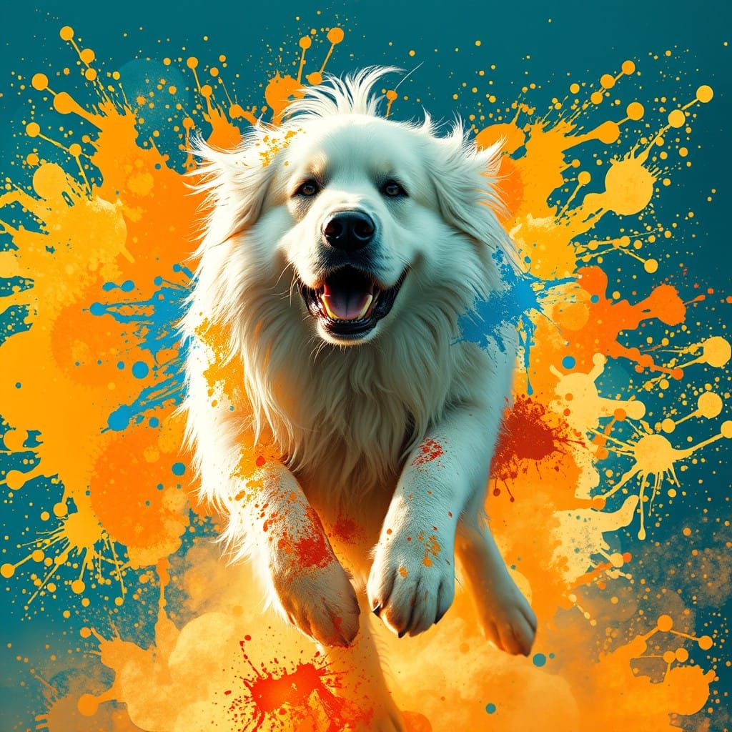 Majestic Great Pyrenees in a Whimsical, Maximalist Landscape