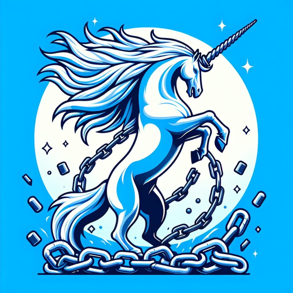 White Unicorn Breaks Free in Brilliant Blue