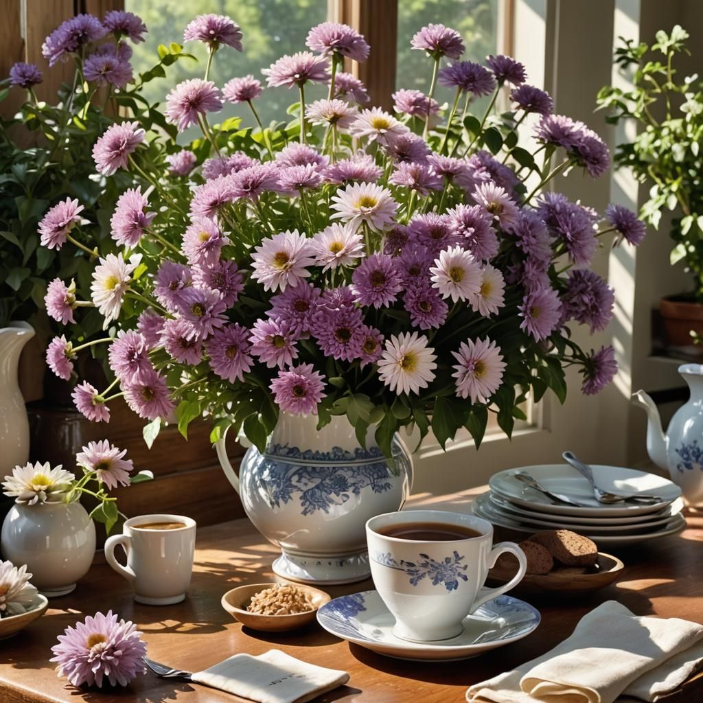 Vase of Lilac Chrysanthemums in Watercolor Style