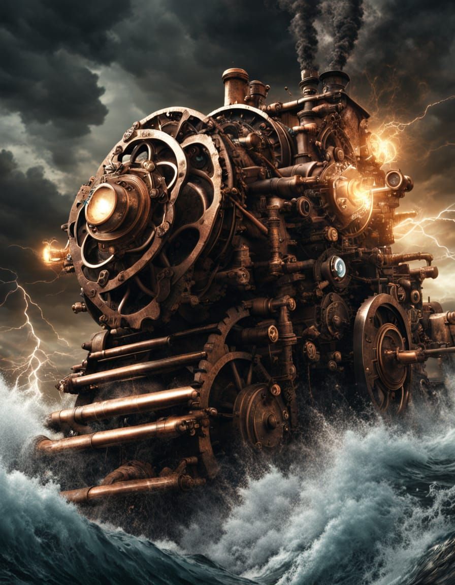 Steampunk Chip Breaking on Rocks with Lightning