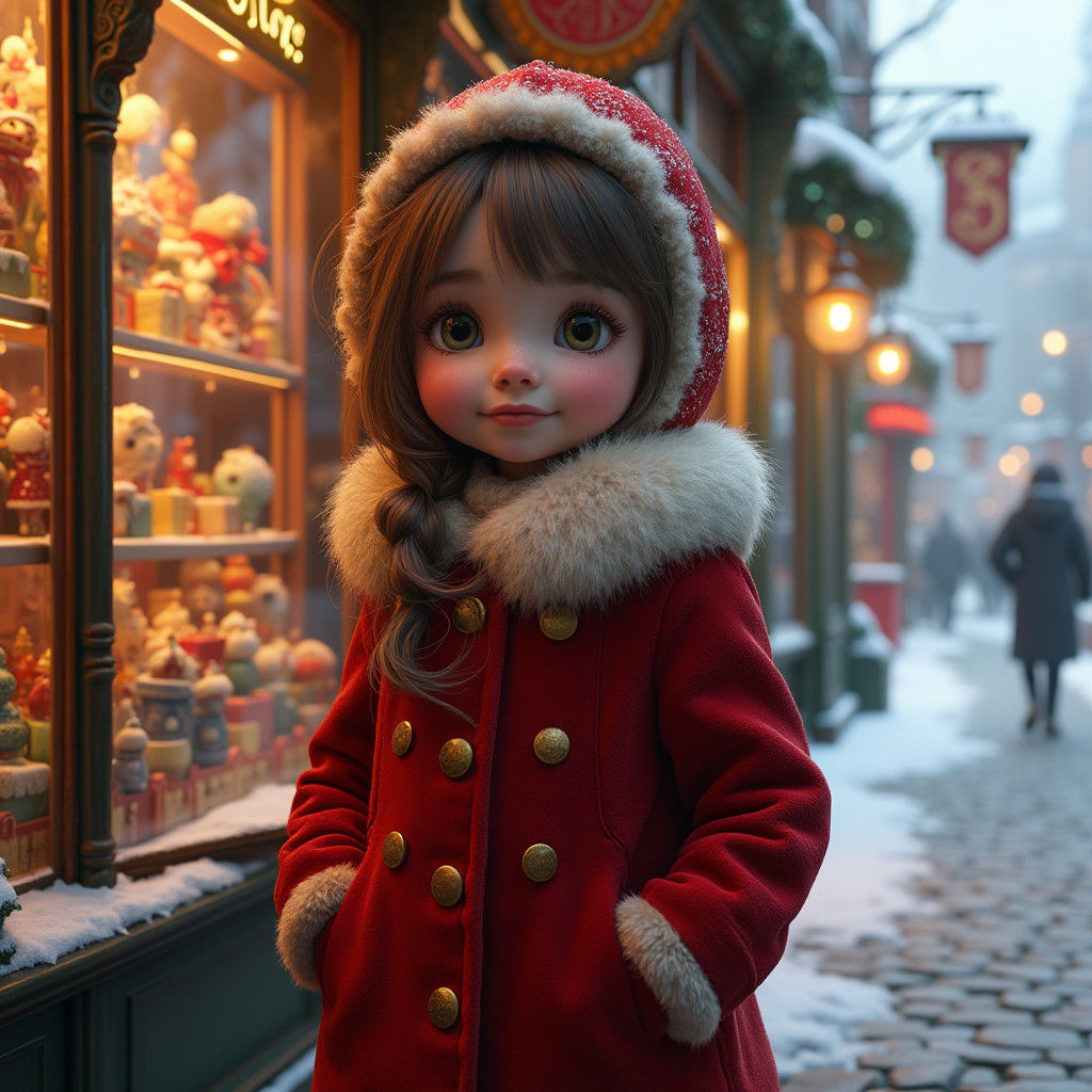 Victorian Girl at Christmas Toy Shop Window