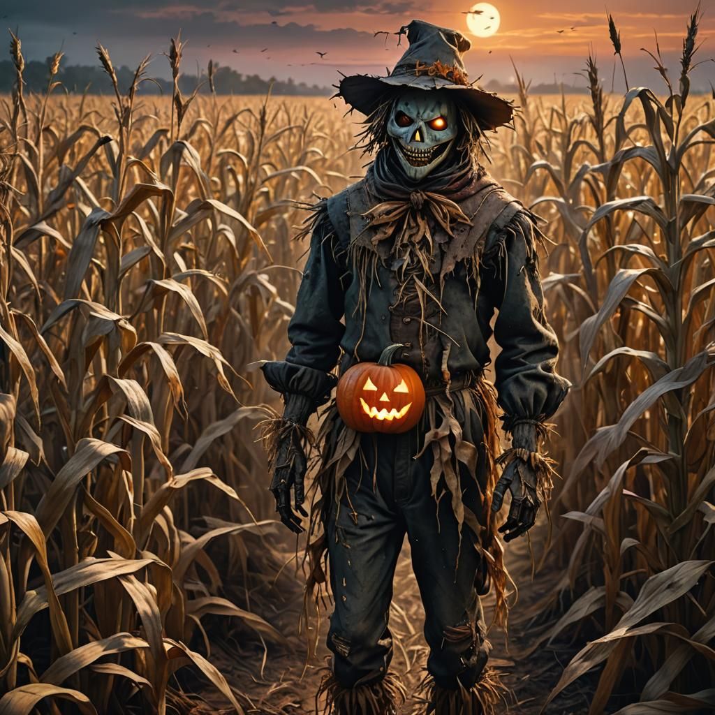 Creepy Scarecrow in Cornfield at Dusk