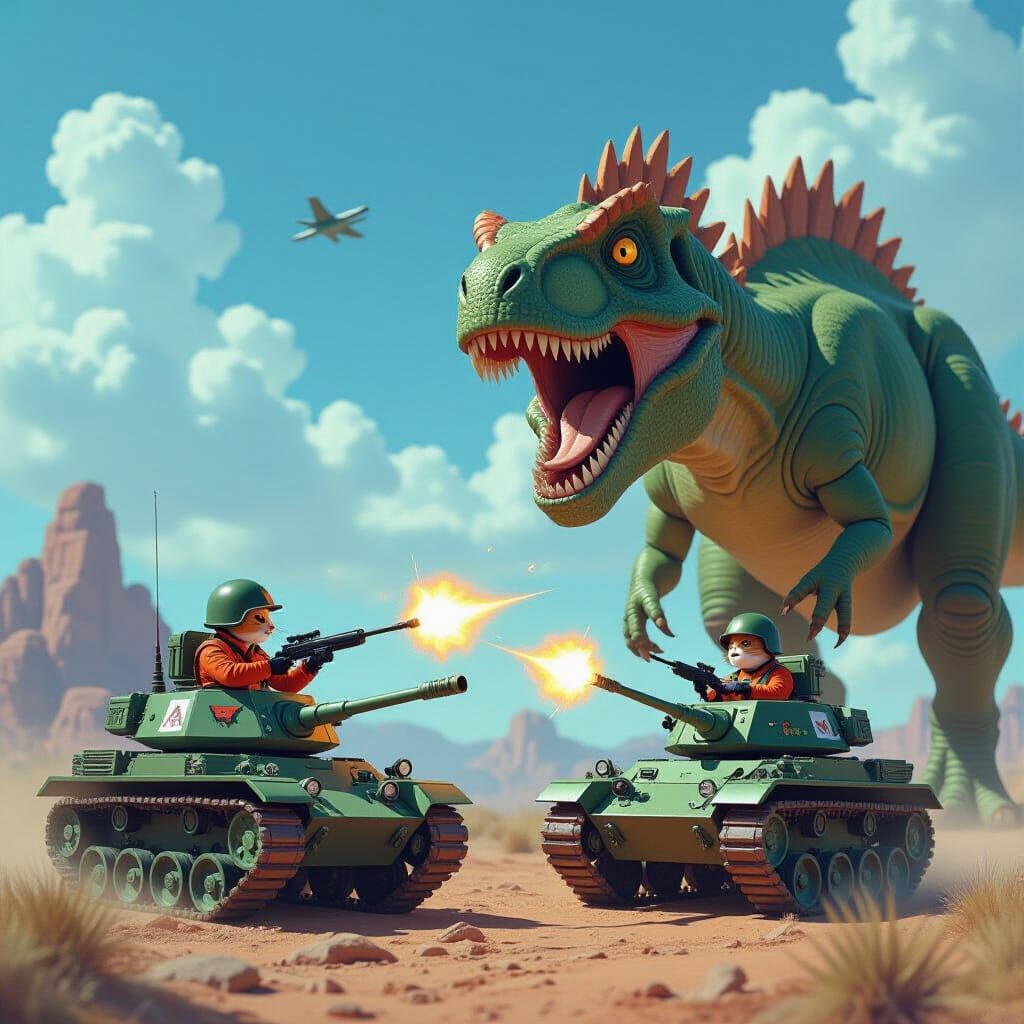 Cats in Tanks Battle Giant Dinosaur