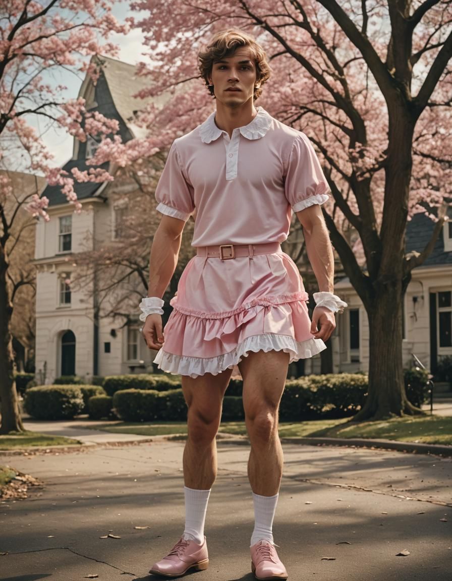 Masculine Man in Pink Dress Cinematic Film Still