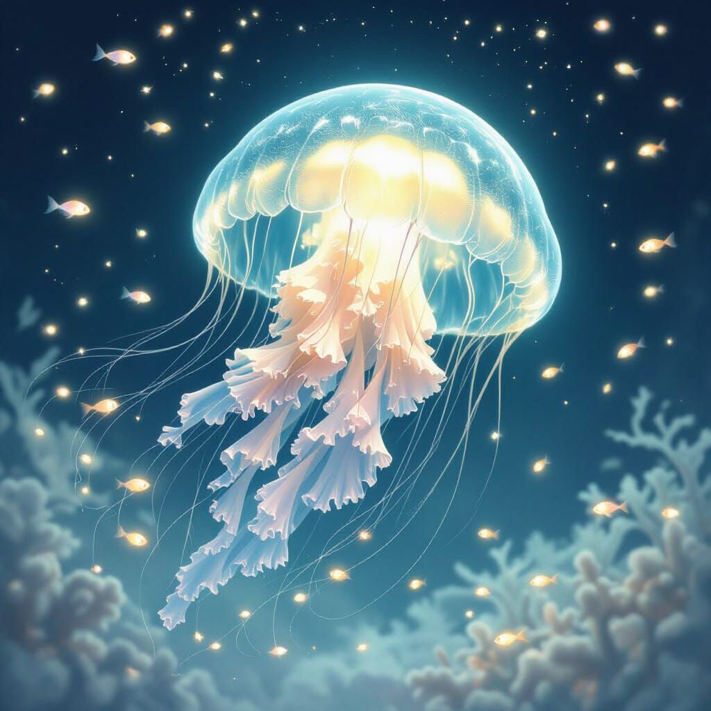 Bioluminescent Jellyfish Dance in Deep Ocean, Fantasy Illust...