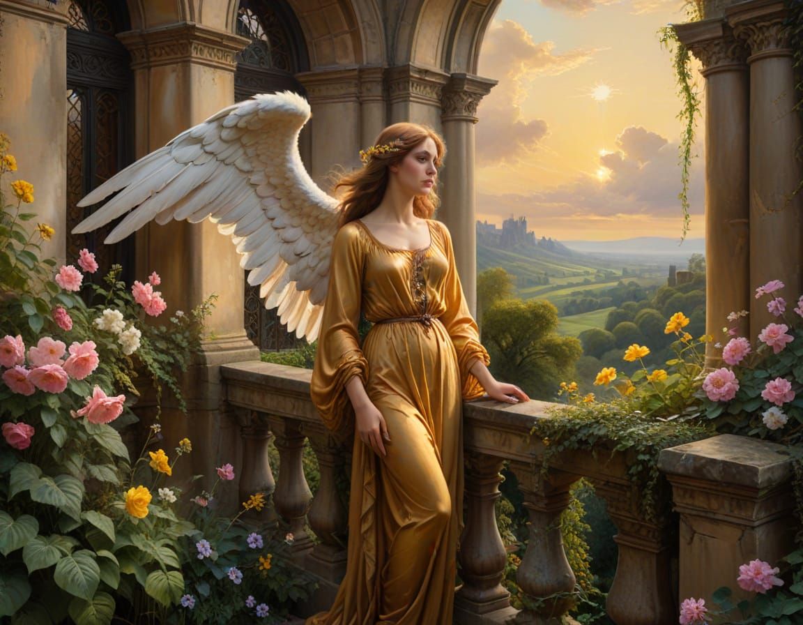 A Pre Raphaelite Woman with Angel Wings Surrounded by Lush F...