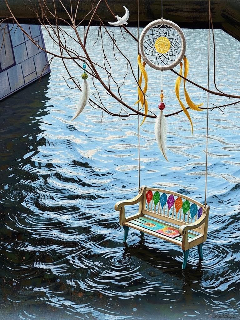 My dreamlike Lithuania. Užupis. floating bench hanging from a dreamcatcher