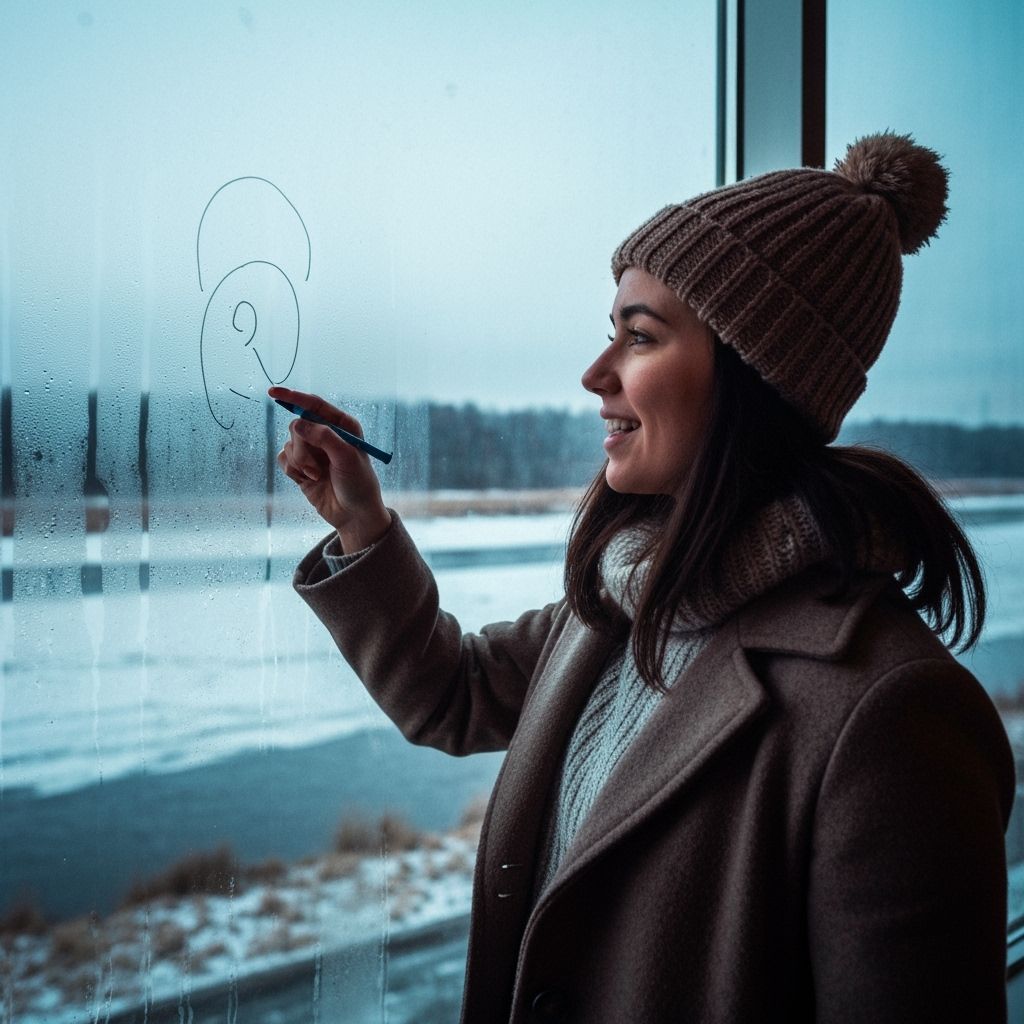 Woman Draws on Window Overlooking Winter Landscape