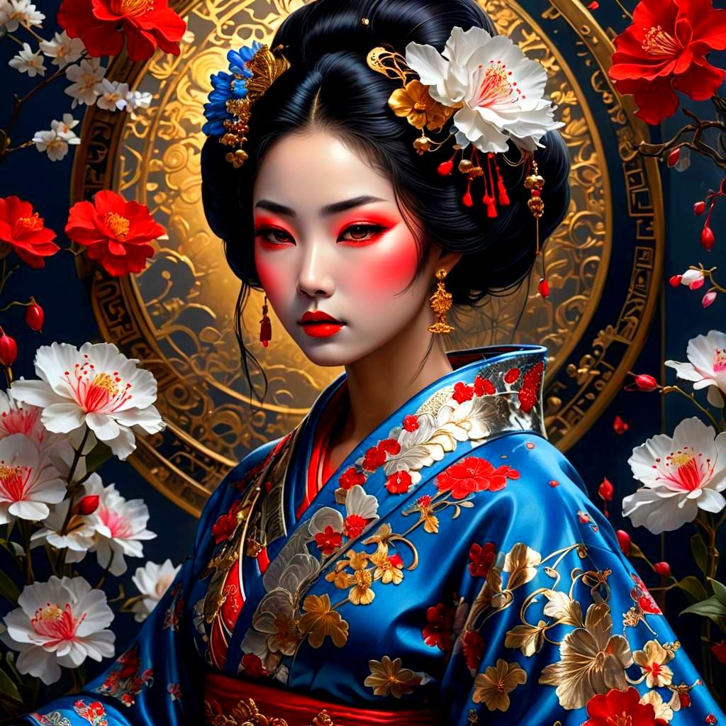 Dark Fantasy Geisha in Celestial Kimono, Surrounded by Intri...
