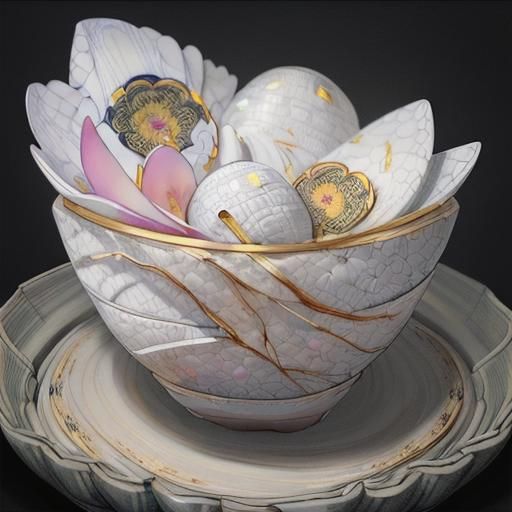 Elegant Kintsugi Porcelain Bowl with Neon Flower Petals