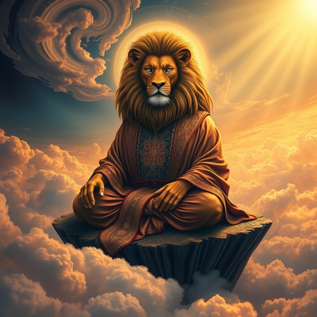 A wise, serene, anthropomorphic lion, clad in flowing guru robes, sits in a meditative pose atop a floating island in th...