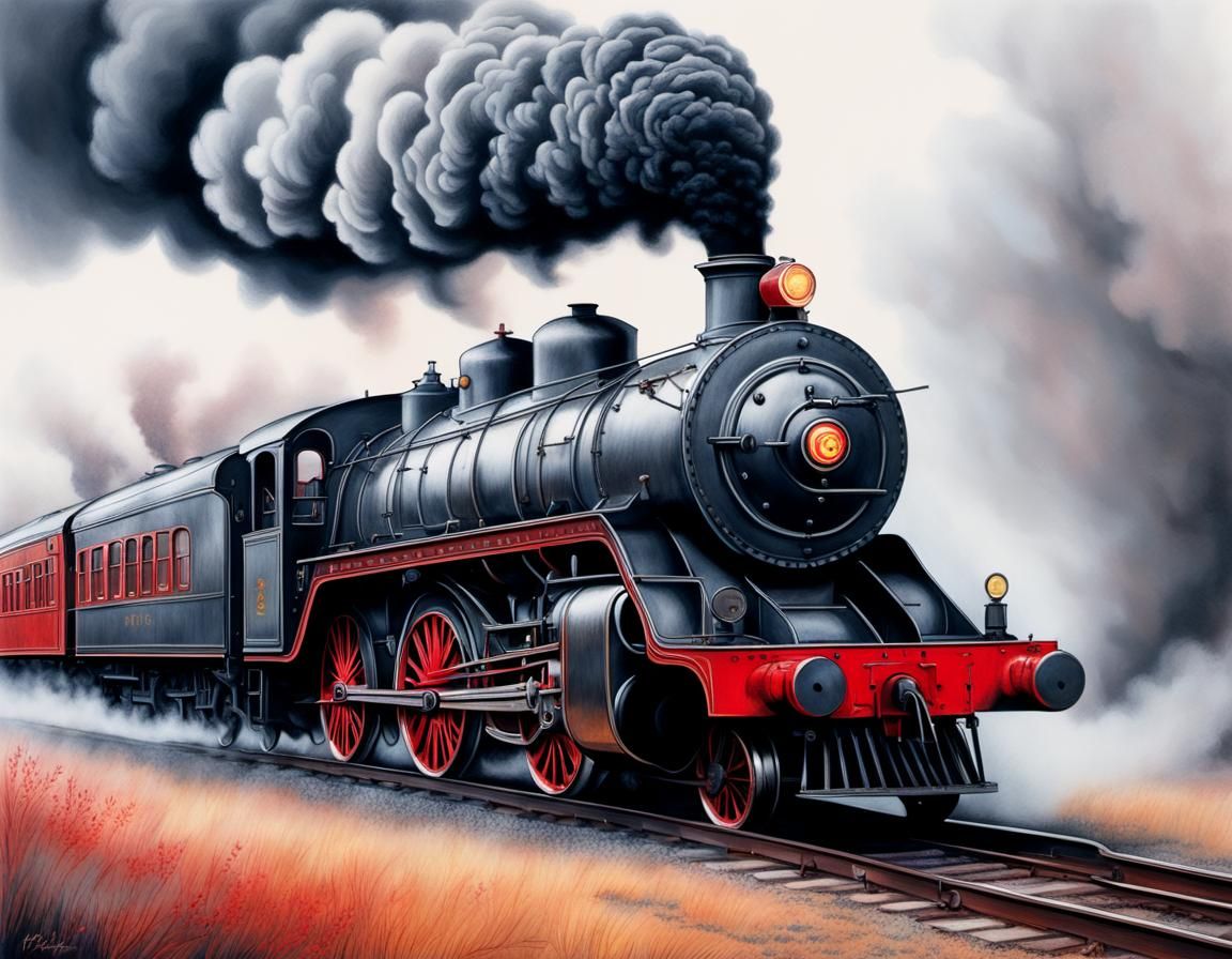 Dramatic Steam Train Emerges in Charcoal Drawing