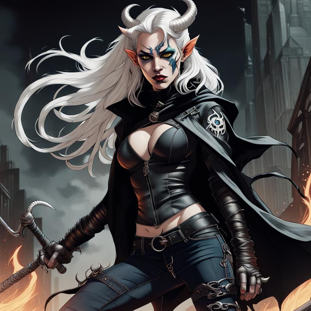 Tiefling Action Shot in Comic Book Style