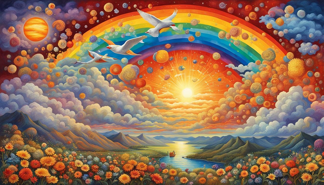 Rainbow Bird Emerges from Storm: Surreal Art