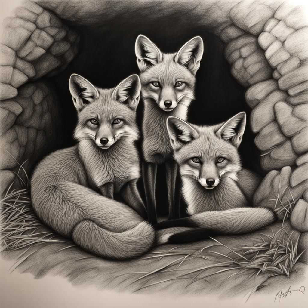 Fox Family in Den: Hyperdetailed Charcoal Drawing