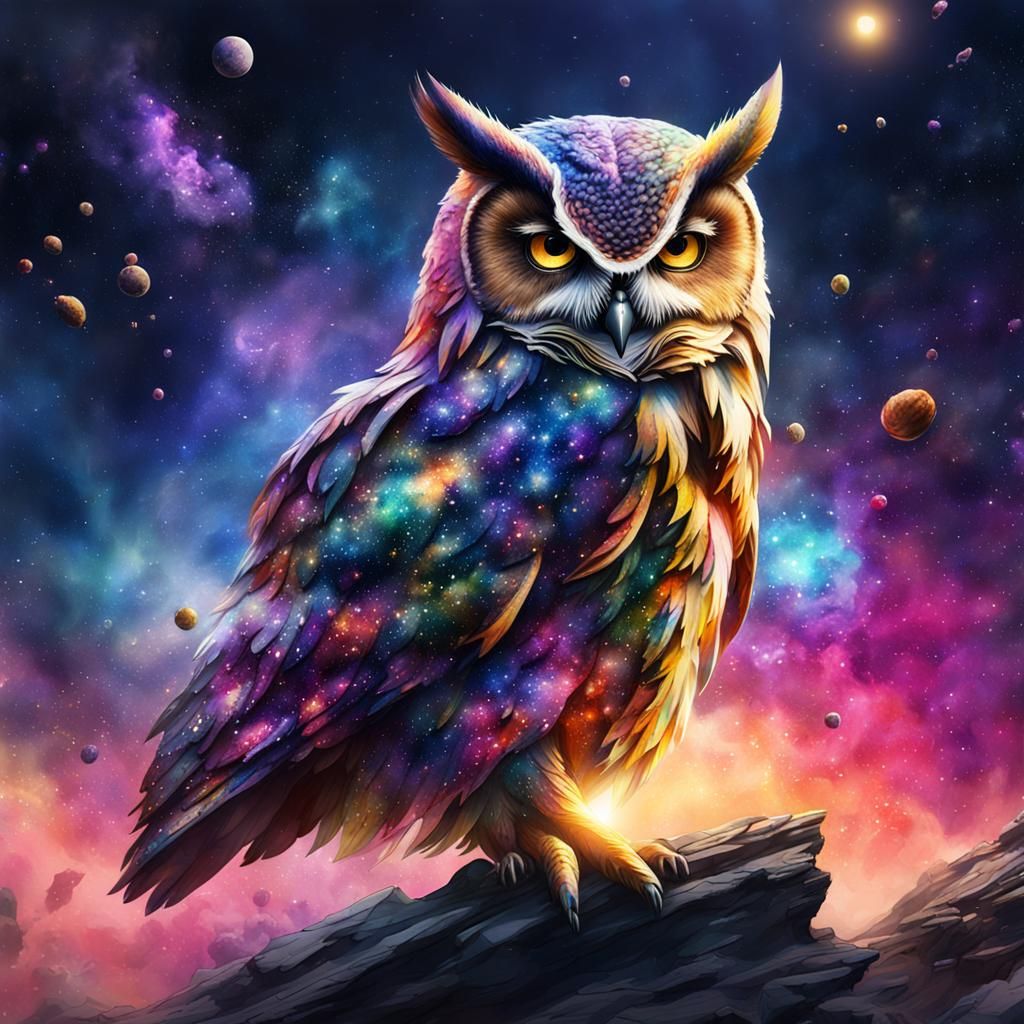 Watercolor Galaxy Owl: Detailed Matte Painting