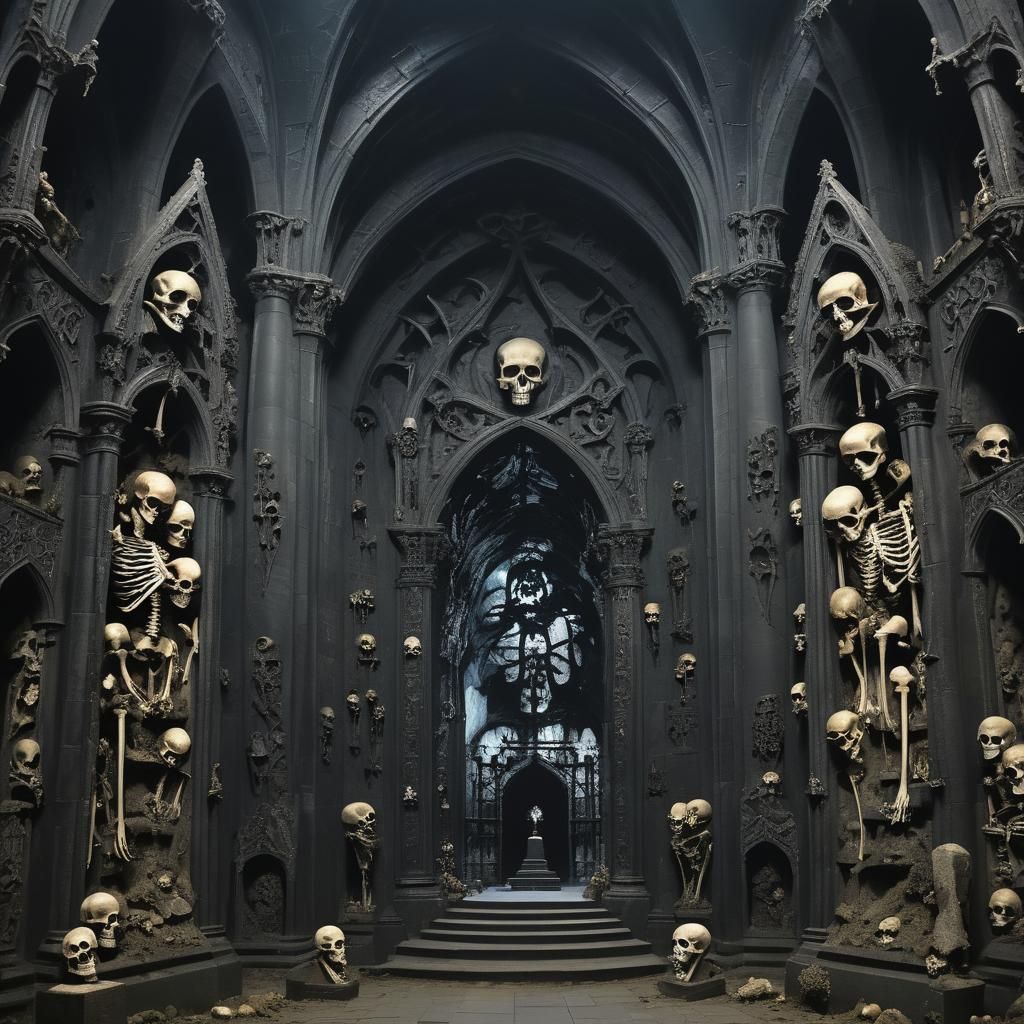 a magnificent Gothic monument with fine details of skulls an...