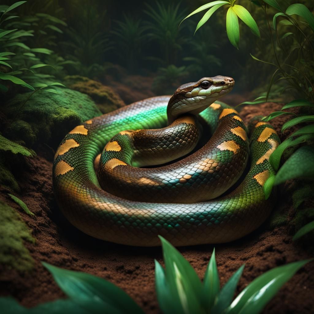 Iridescent Snake Slithering Through Jungle Floor