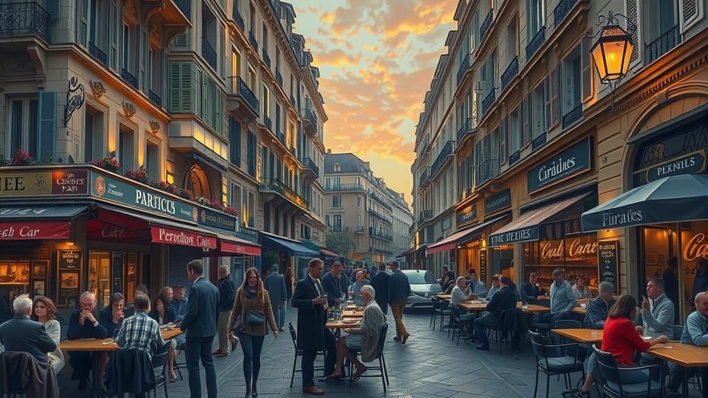 Parisian Cafe Terrace with Dramatic Lighting