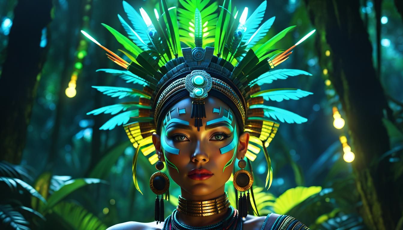 Dark Jungle Mayan Queen in Nuclearpunk Style