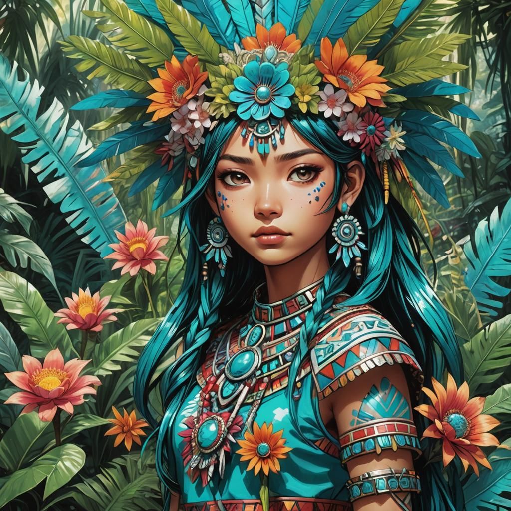 Aztec Girl in Anime Style with Floral Headdress