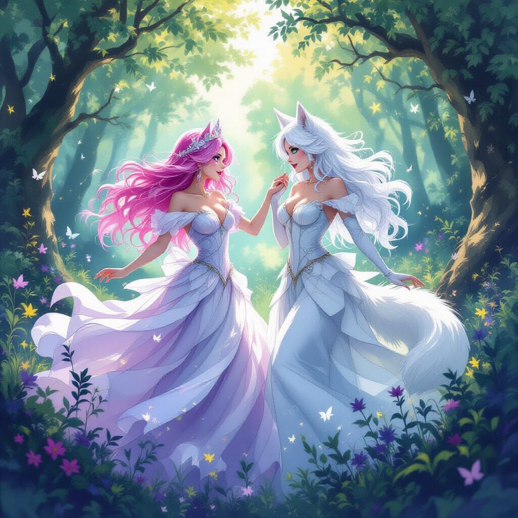 Two Women Dancing in Forest as Watercolor Ink Splatter