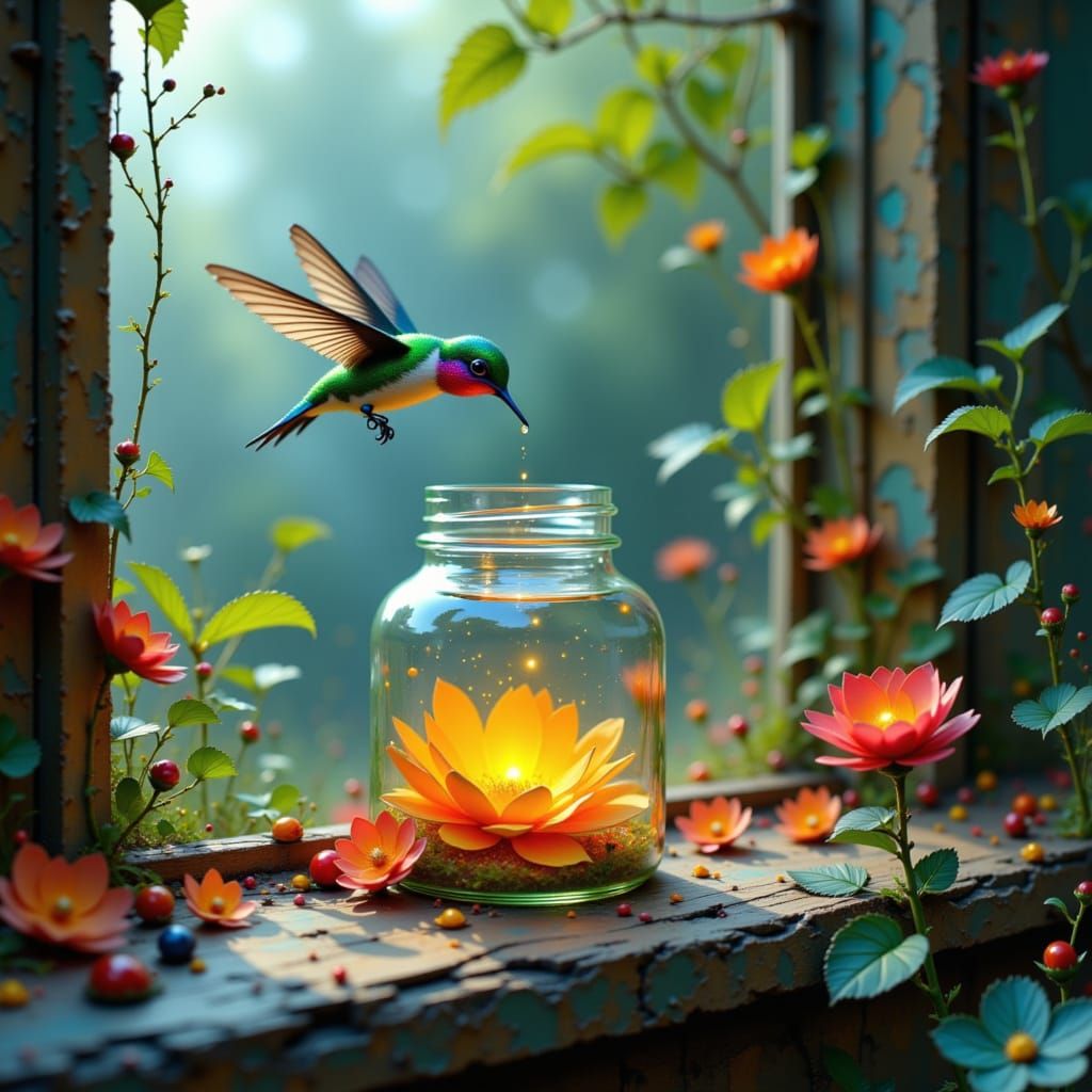 Hummingbird Sipping Nectar in Hyperrealistic Style