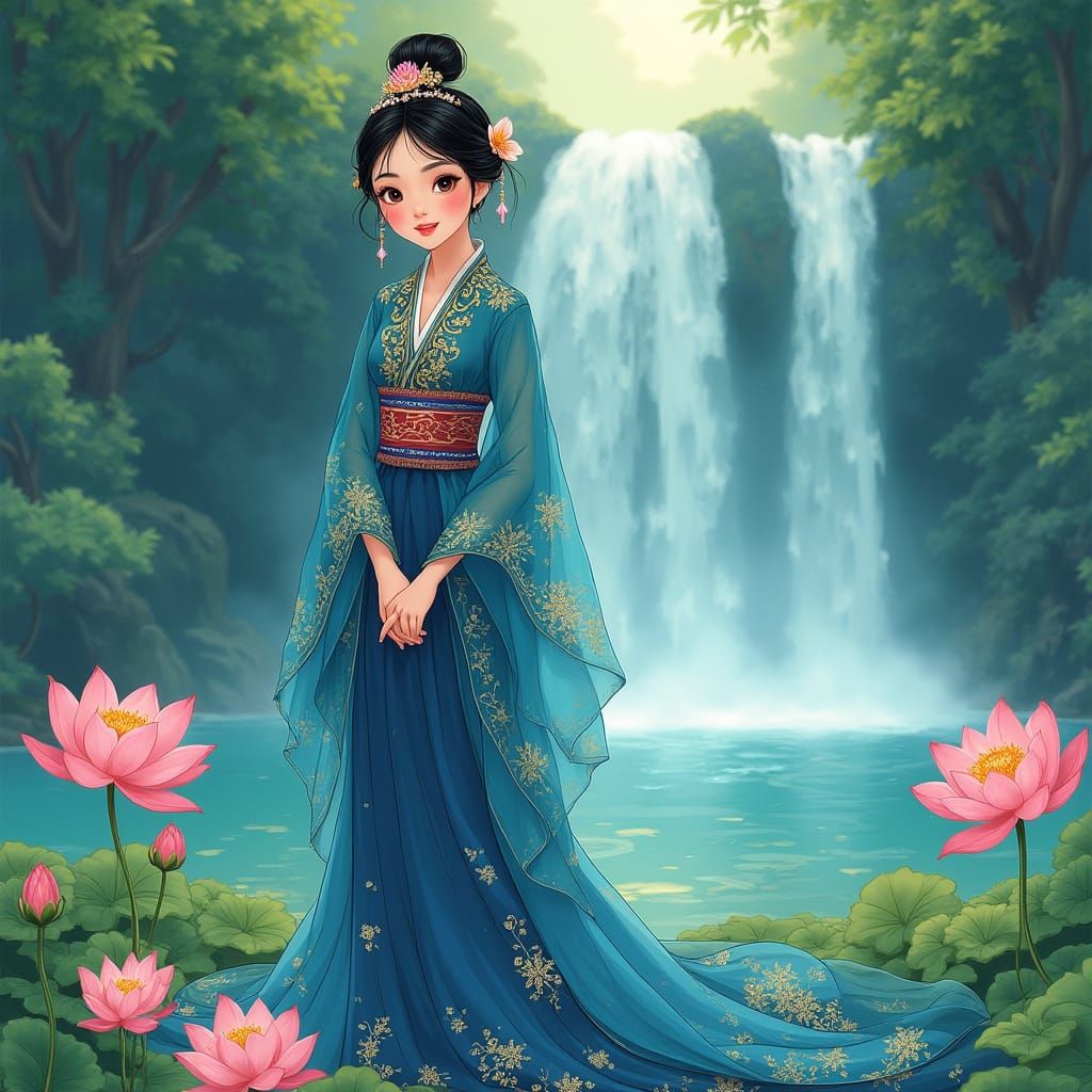 Disney Style Girl in Azure Hanfu by Waterfall