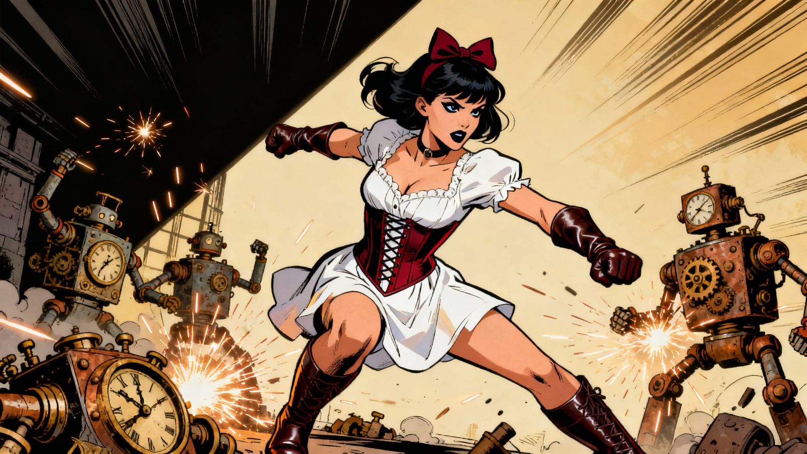 Superheroine Sadie Fights Steampunk Robots in Comic Style