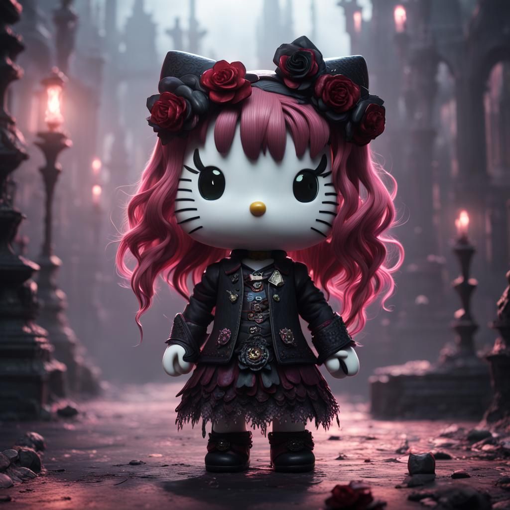Goth Hello Kitty with Long Hair: Detailed Matte Painting