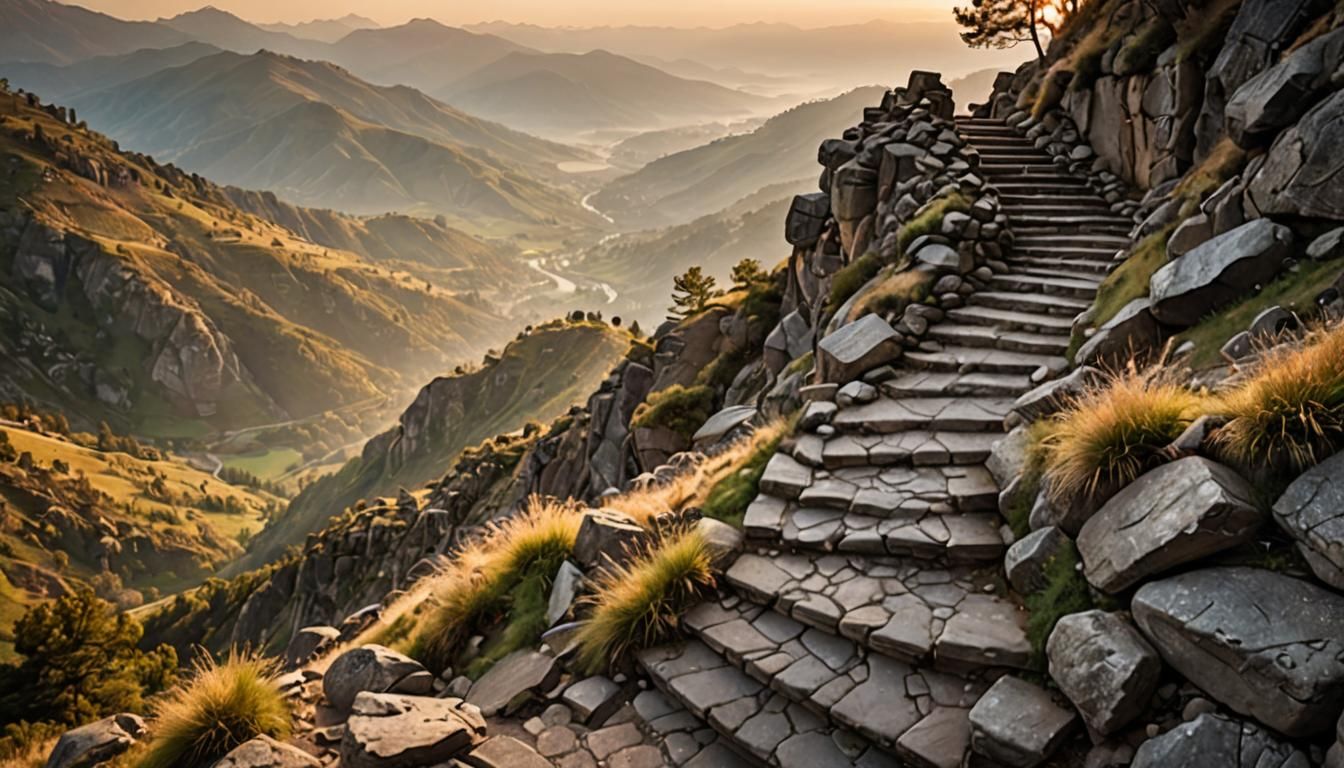 Winding Staircase Ascends to Misty Mountain Vista