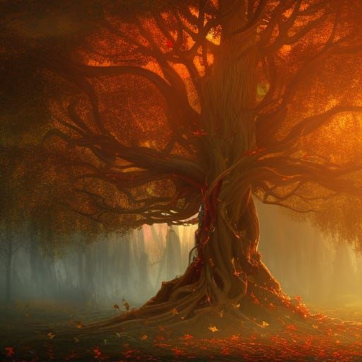 Mystical Autumn Heart Tree in Golden Light