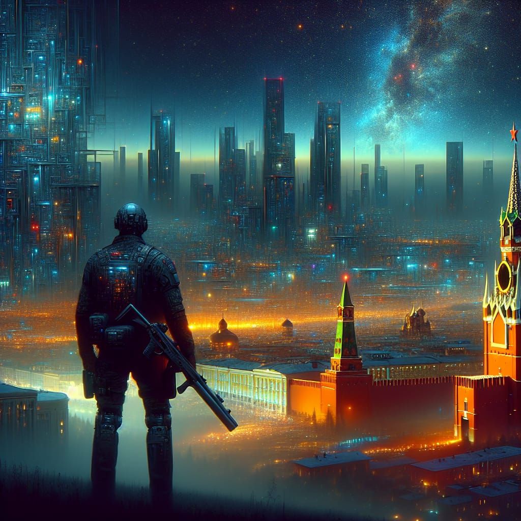 Futuristic Russian Cyberpunk Cityscape at Night