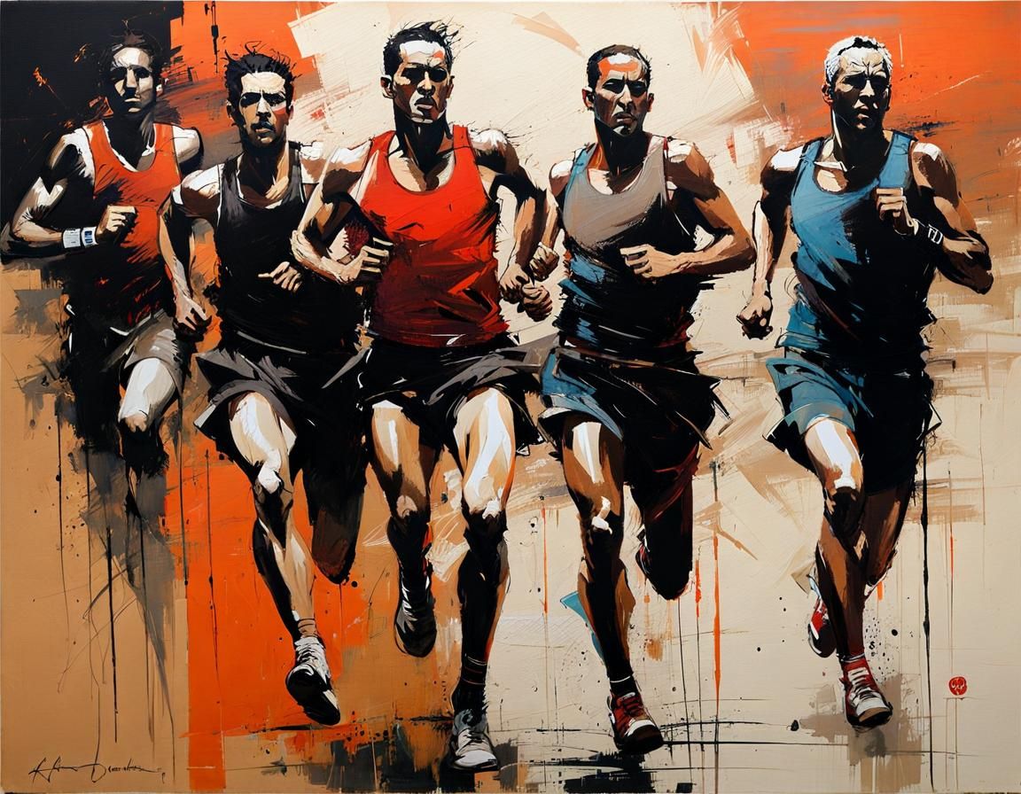 Dramatic Oil Painting of Men Running a Race