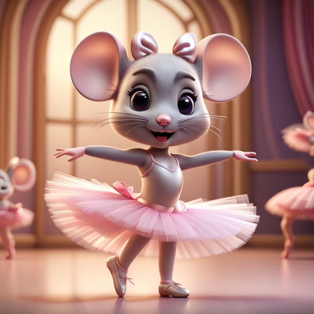a chibi-style scene featuring a cute mouse ballerina in a tu...