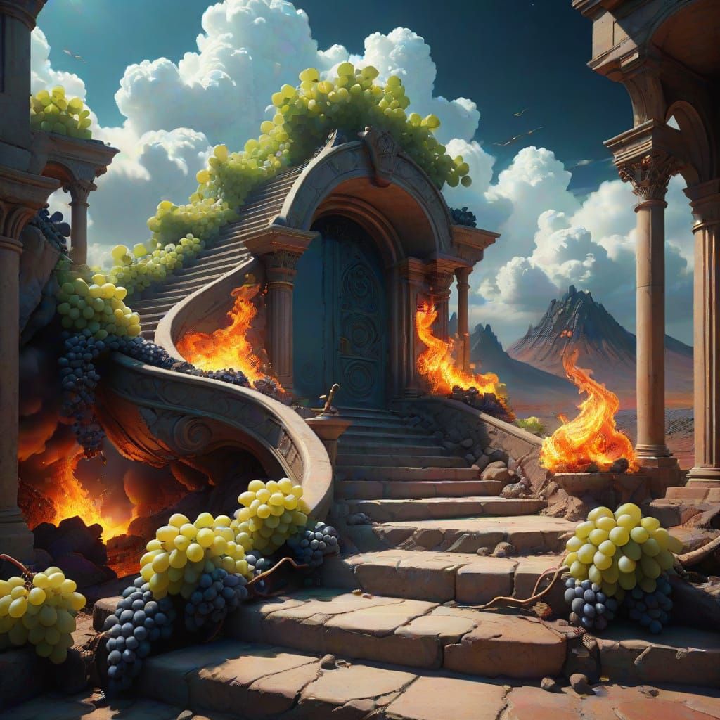 Surreal Desert Dreamscape With Flaming Grapes and Winged Fis...